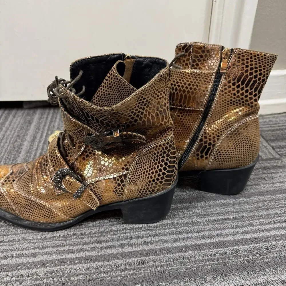 Aomi Shoes Snakeskin Western Gothic Boots w/ Gold Dragon Toe & Buckle Straps Men